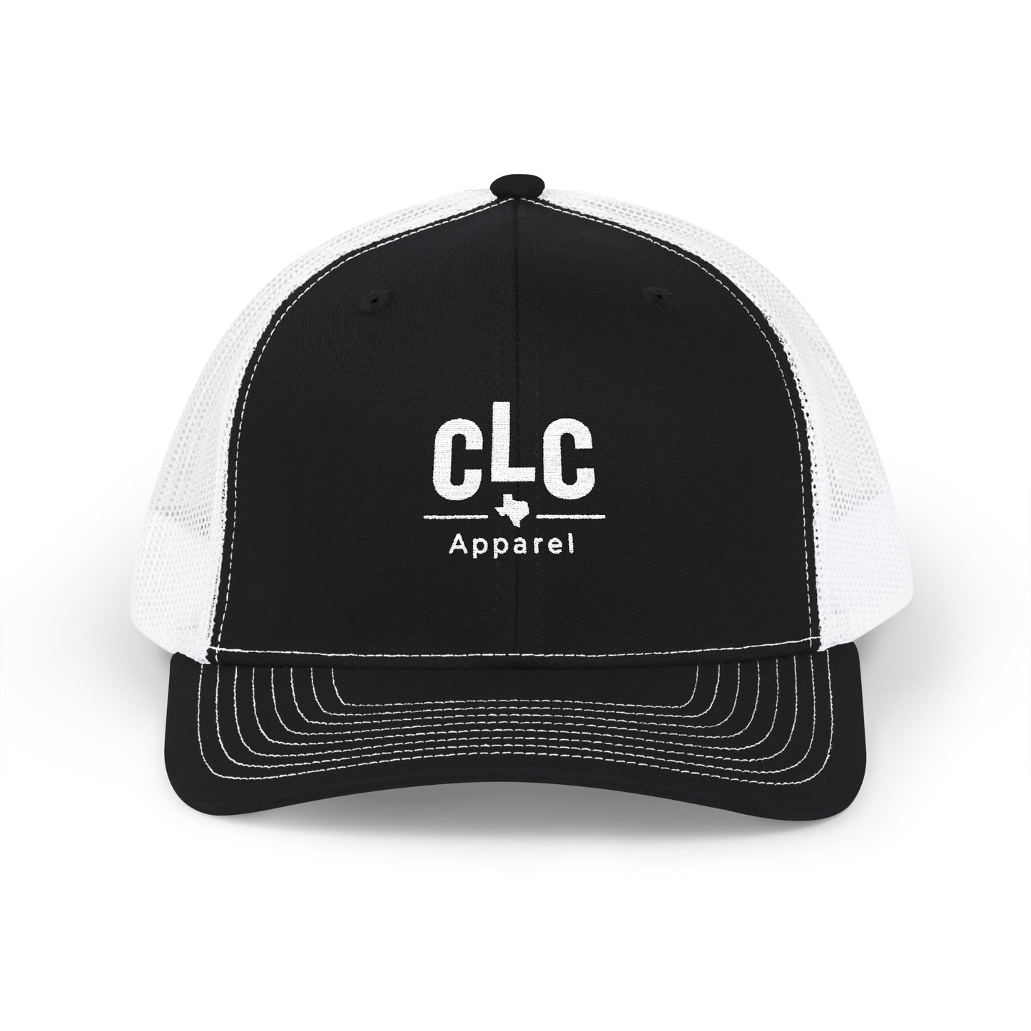 CLC Apparel white embroidered trucker hat on Richardson 112 – black and white