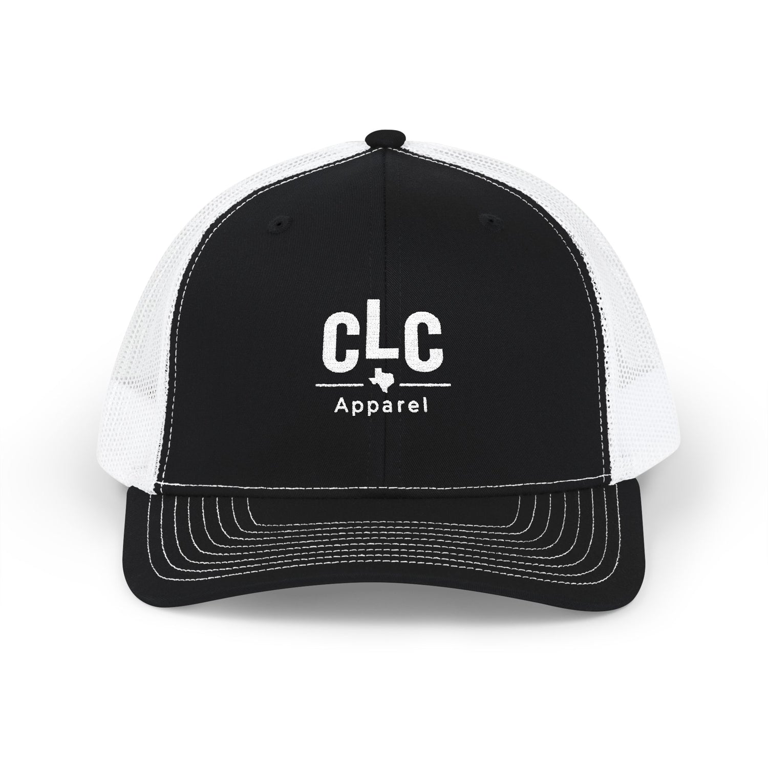 CLC Apparel white embroidered trucker hat on Richardson 112 – black and white