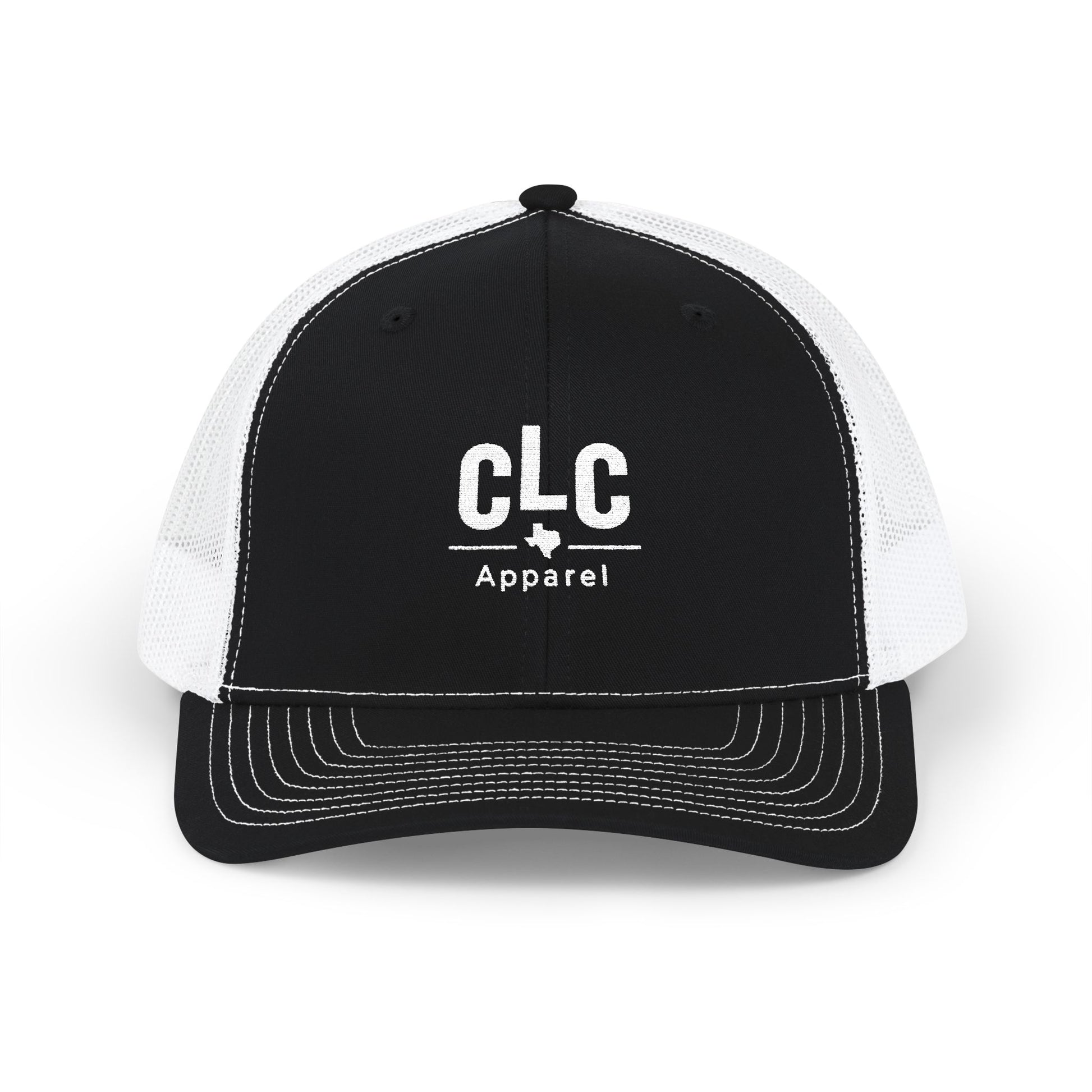 CLC Apparel white embroidered trucker hat on Richardson 112 – black and white