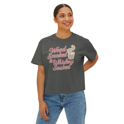 Wood-Smoked & Whiskey-Soaked boxy tee in pepper featuring vintage smoke and whiskey graphic