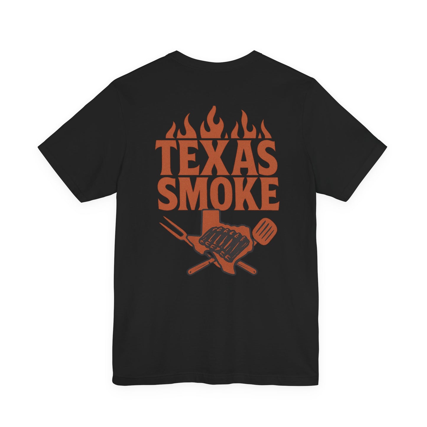 Black Texas Smoke BBQ t-shirt featuring bold western lettering and grill graphic