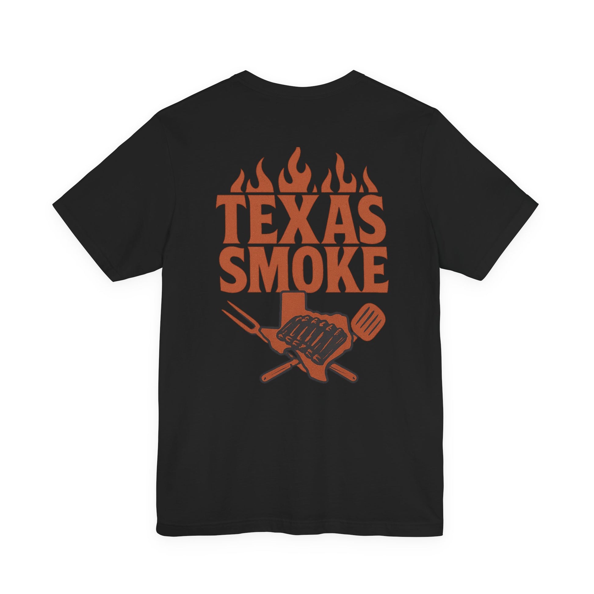 Black Texas Smoke BBQ t-shirt featuring bold western lettering and grill graphic