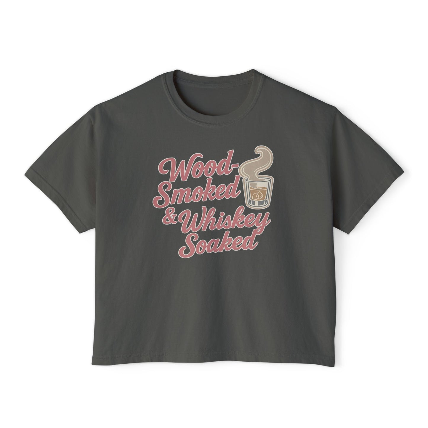 Wood-Smoked & Whiskey-Soaked boxy tee in pepper featuring vintage smoke and whiskey graphic