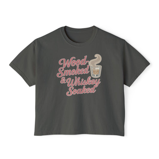 Wood-Smoked & Whiskey-Soaked boxy tee in pepper featuring vintage smoke and whiskey graphic