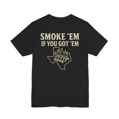 Black Smoke ’Em If You Got ’Em BBQ t-shirt featuring Texas outline and smoked ribs graphic