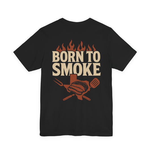 Born to Smoke BBQ graphic tee in black with flame and Texas pit design