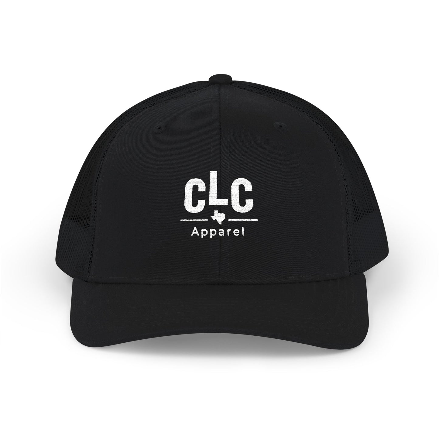 CLC Apparel white embroidered trucker hat – solid black Richardson 112
