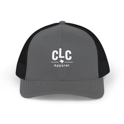 CLC Apparel white embroidered pitmaster trucker hat in charcoal and black
