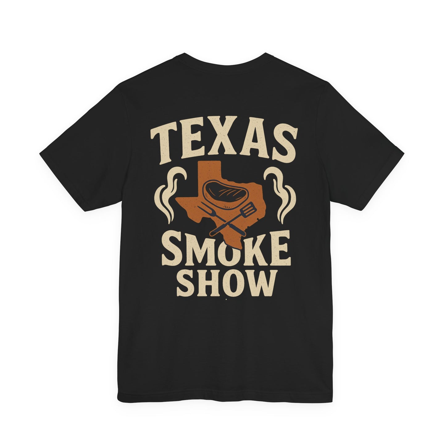 Texas Smoke Show BBQ t-shirt in black with bold Texas smokehouse back graphic by County Line Cookers