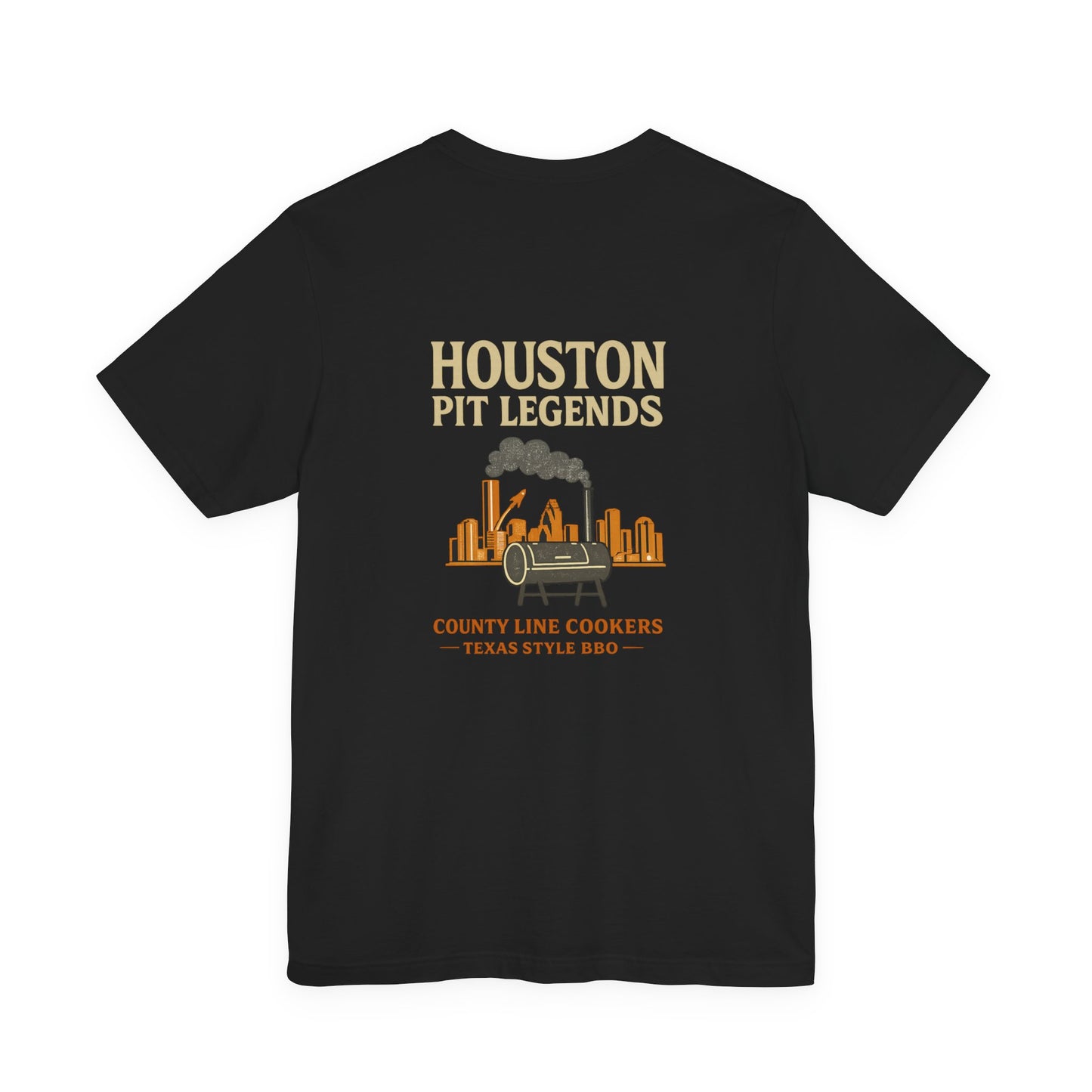 Houston Pit Legends BBQ t-shirt in black with Houston skyline pitmaster graphic