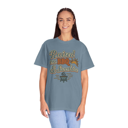 Ice blue Raised on BBQ and Sunshine retro graphic tee
