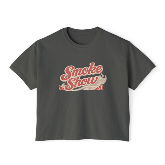 Smoke Show graphic t-shirt for women on charcoal Comfort Colors boxy tee