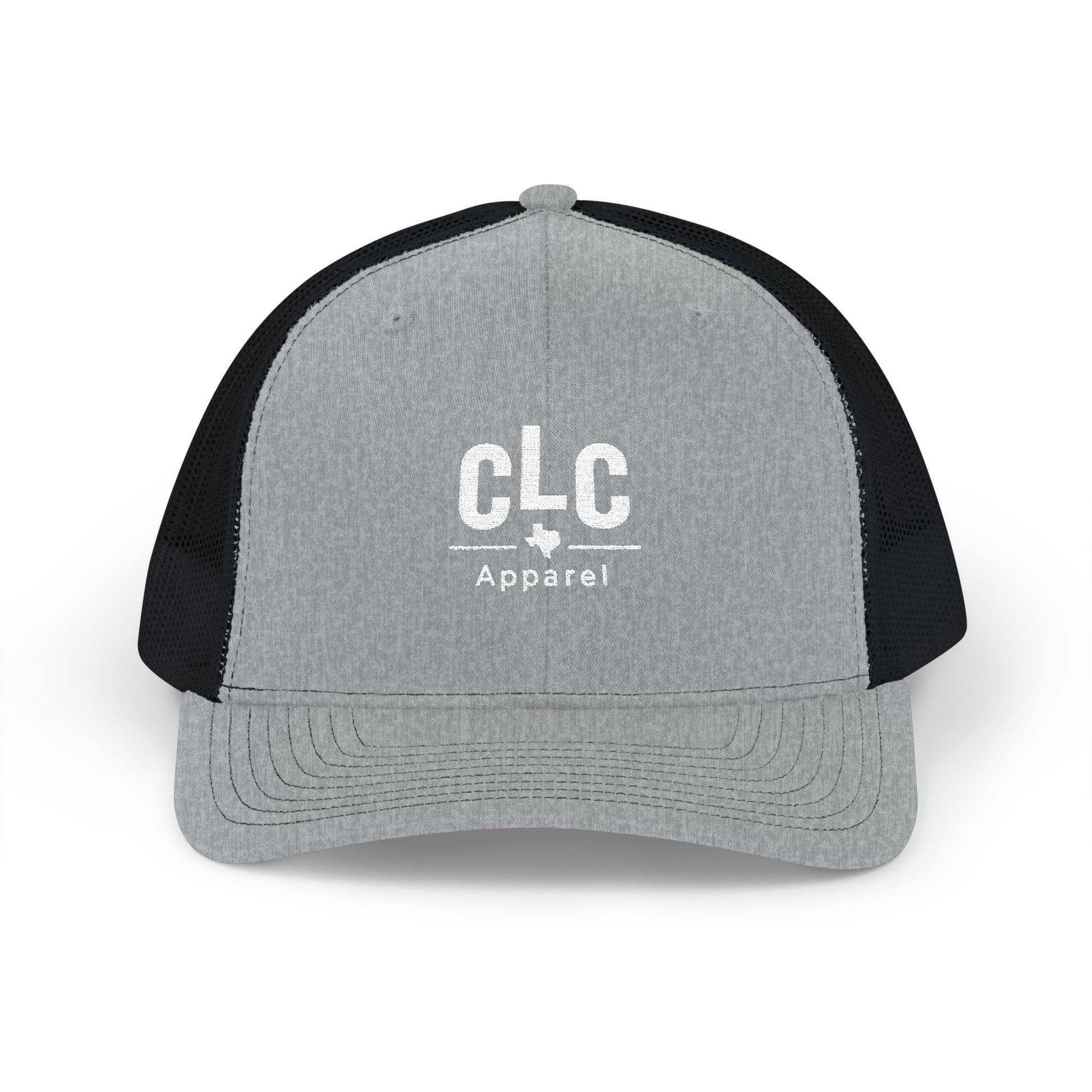 CLC Apparel white logo trucker hat in heather gray and black