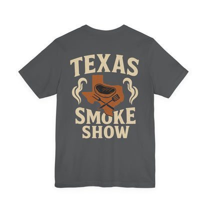 Texas Smoke Show BBQ t-shirt in asphalt gray with Texas steak and smoke back graphic by County Line Cookers