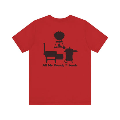 Red All My Rowdy Friends BBQ t-shirt with vintage smoker artwork