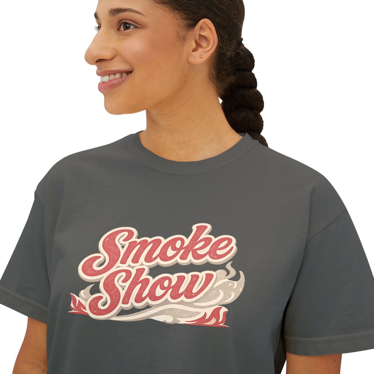 Smoke Show graphic t-shirt for women on charcoal Comfort Colors boxy tee