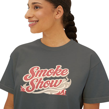 Smoke Show graphic t-shirt for women on charcoal Comfort Colors boxy tee