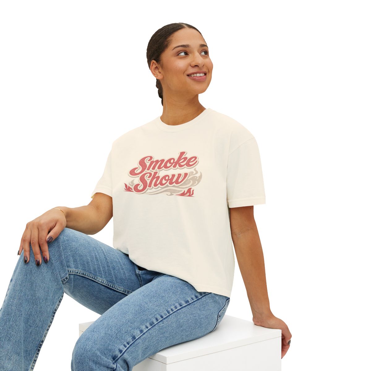 Smoke Show women’s boxy t-shirt on ivory Comfort Colors tee with retro pink graphic