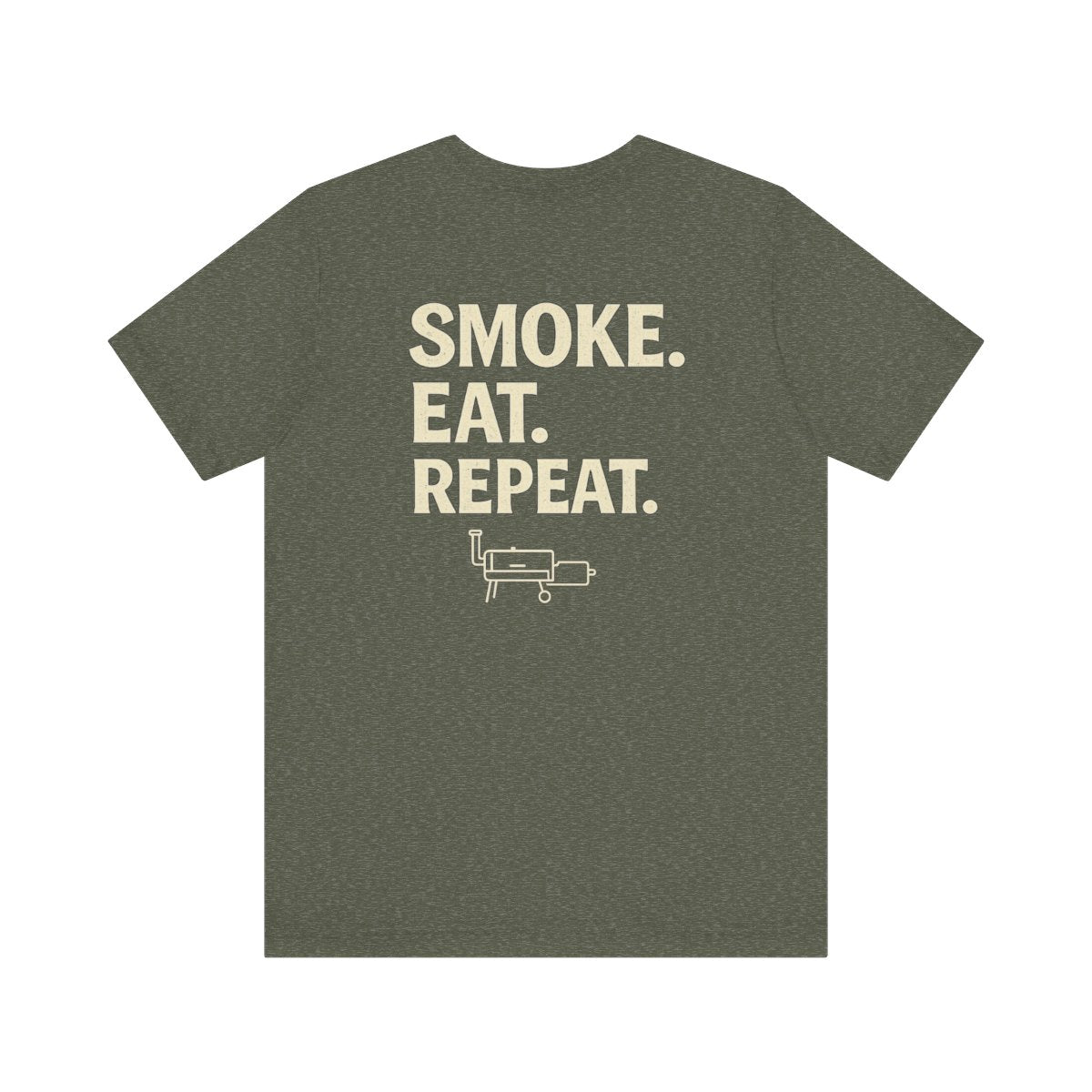 Smoke Eat Repeat grill shirt in heather military green inspired by Texas BBQ