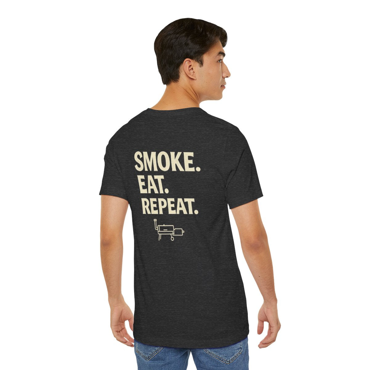Smoke Eat Repeat barbecue t-shirt in dark gray heather for pitmasters
