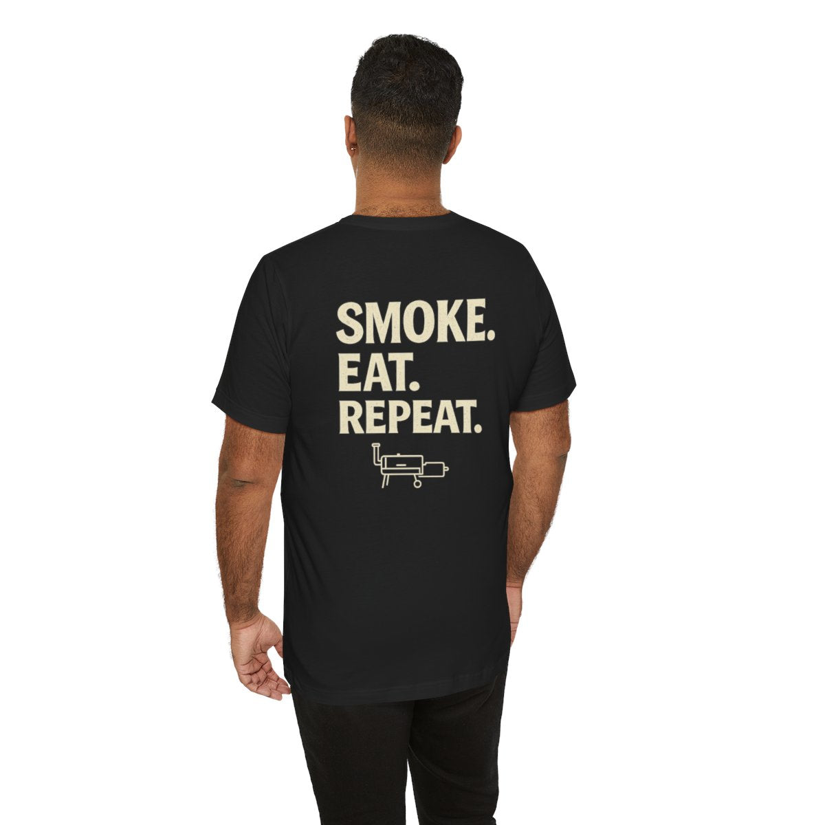 Smoke Eat Repeat BBQ shirt with offset smoker icon on black Bella Canvas 3001 t-shirt