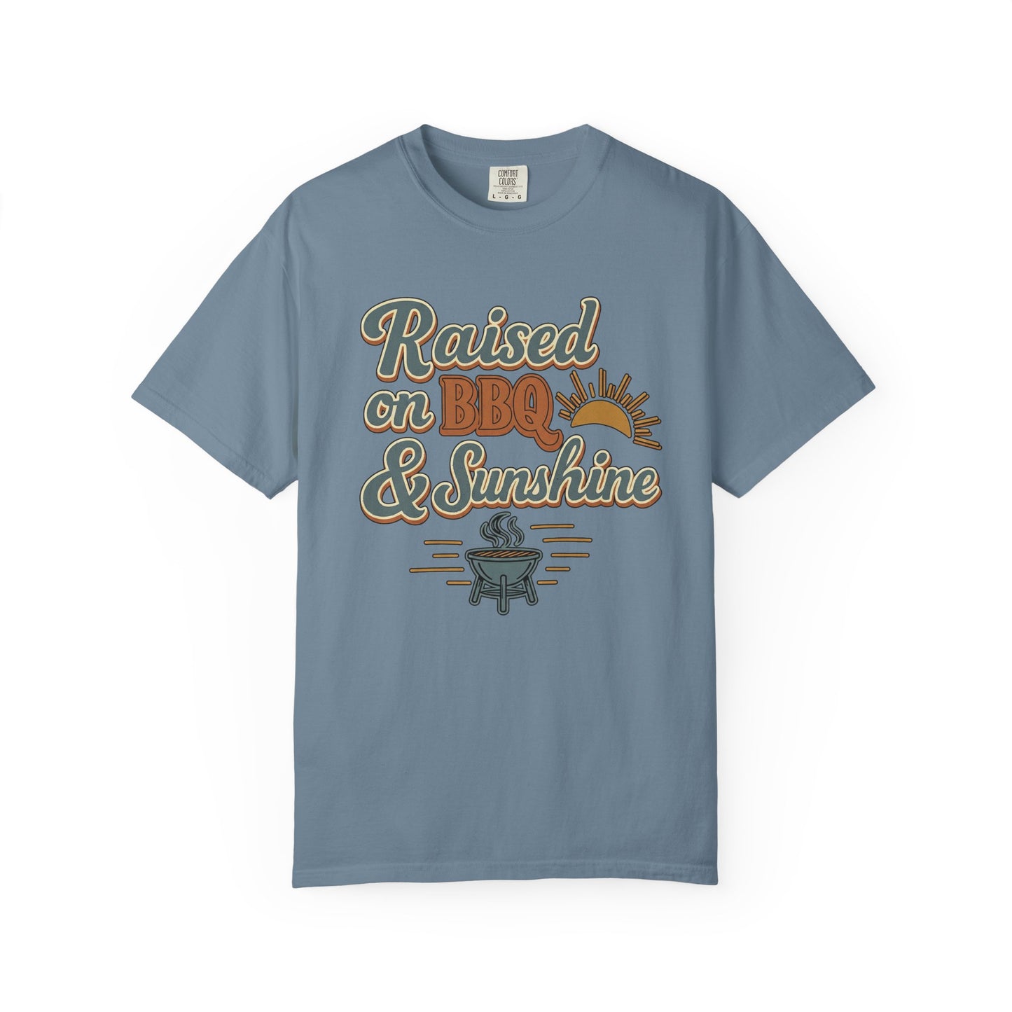 Ice blue Raised on BBQ and Sunshine retro graphic tee