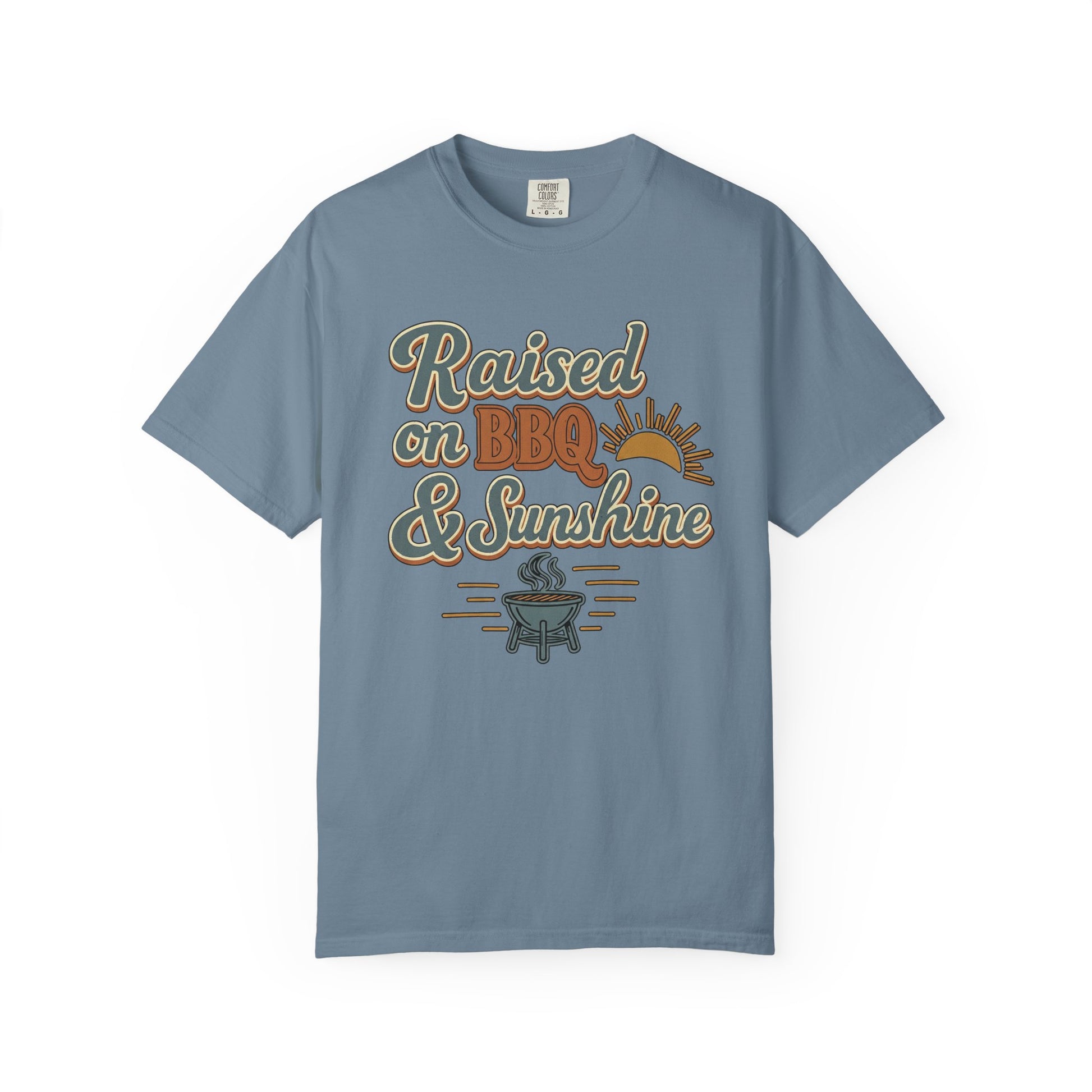 Ice blue Raised on BBQ and Sunshine retro graphic tee
