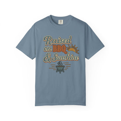 Ice blue Raised on BBQ and Sunshine retro graphic tee