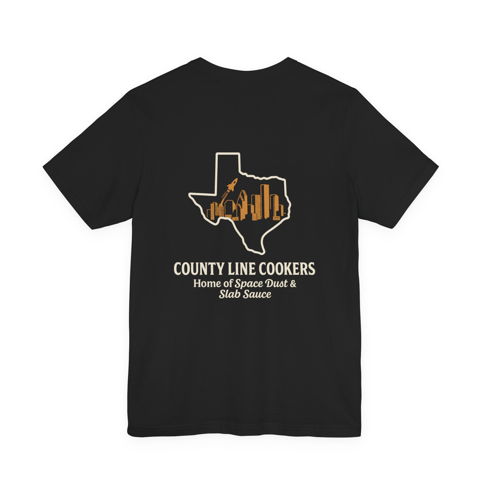 Black Home of Space Dust & Slab Sauce BBQ t-shirt with Texas outline graphic