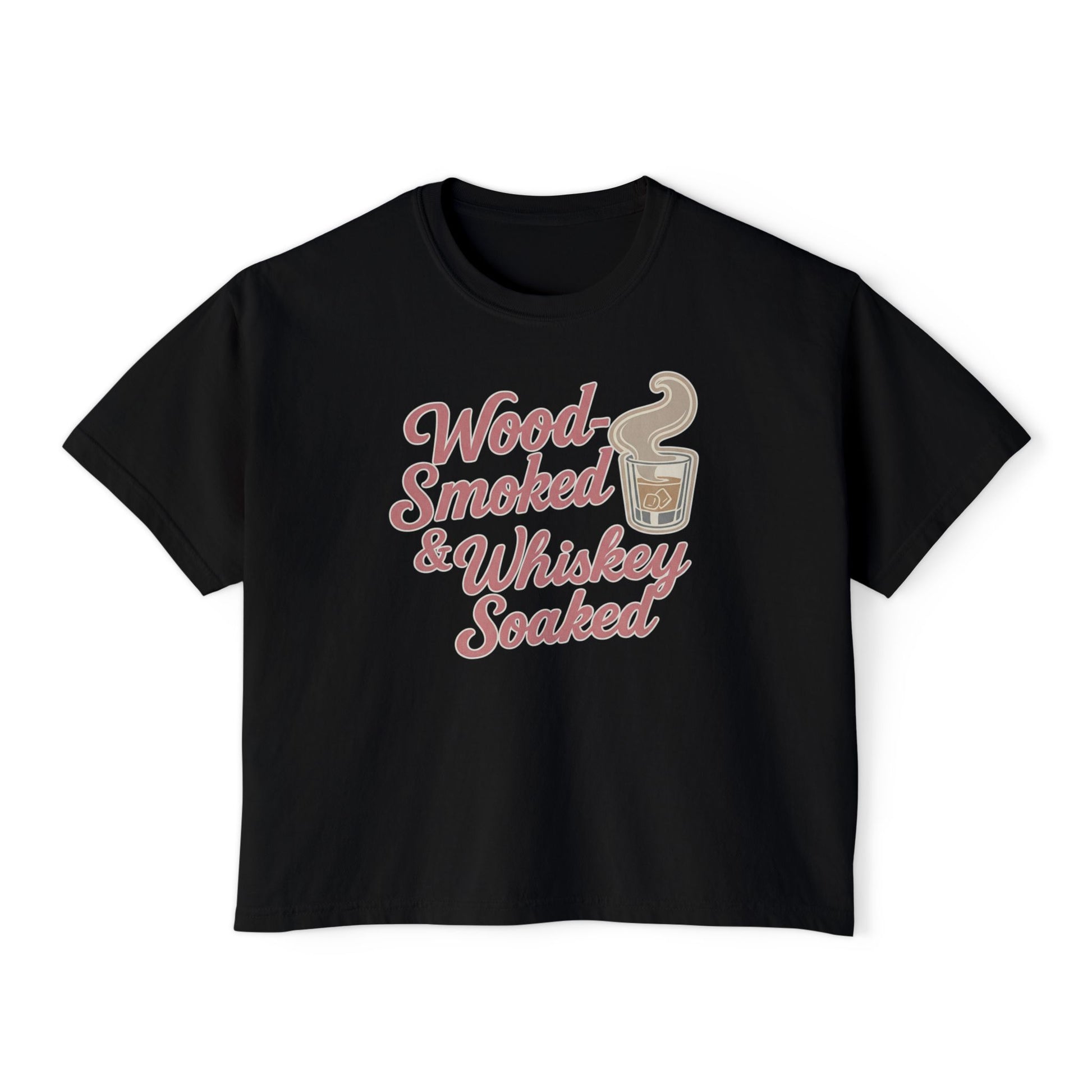 Wood-Smoked & Whiskey-Soaked boxy tee in black with vintage barbecue and whiskey graphic