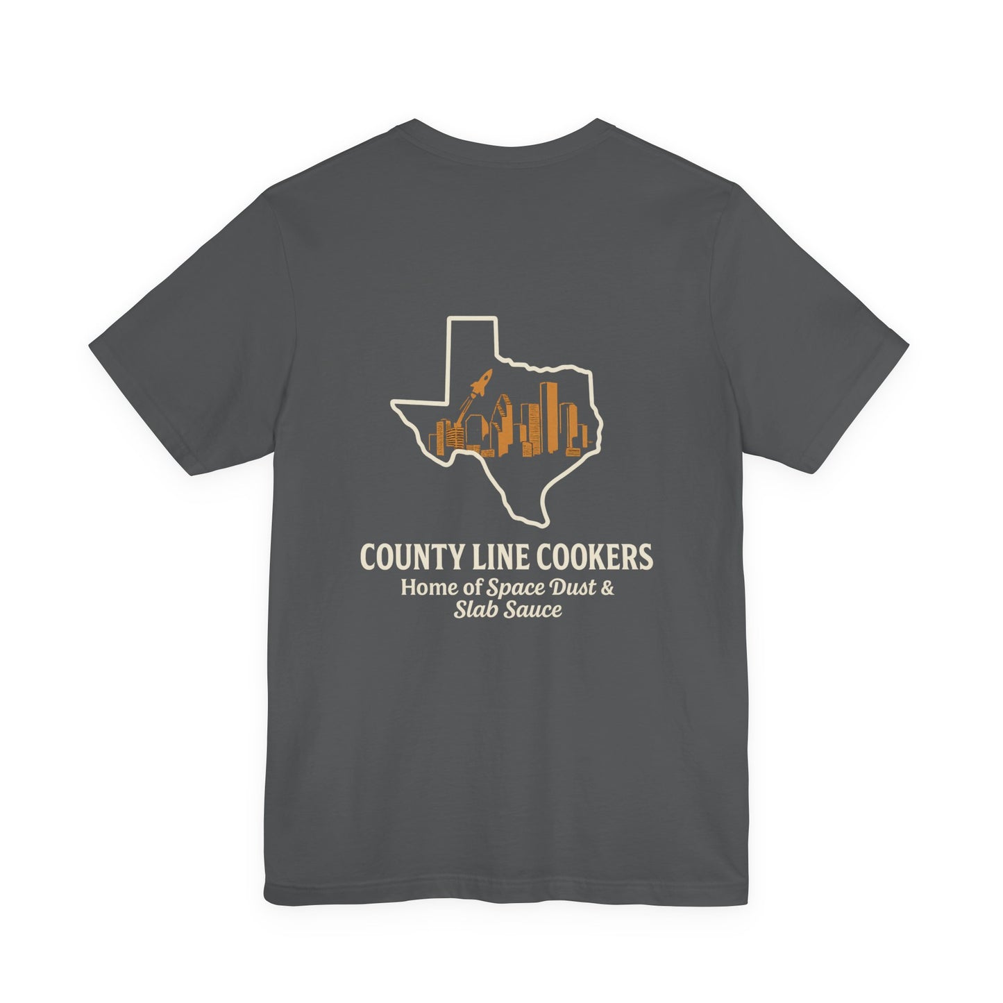 Asphalt gray Home of Space Dust & Slab Sauce Texas BBQ t-shirt