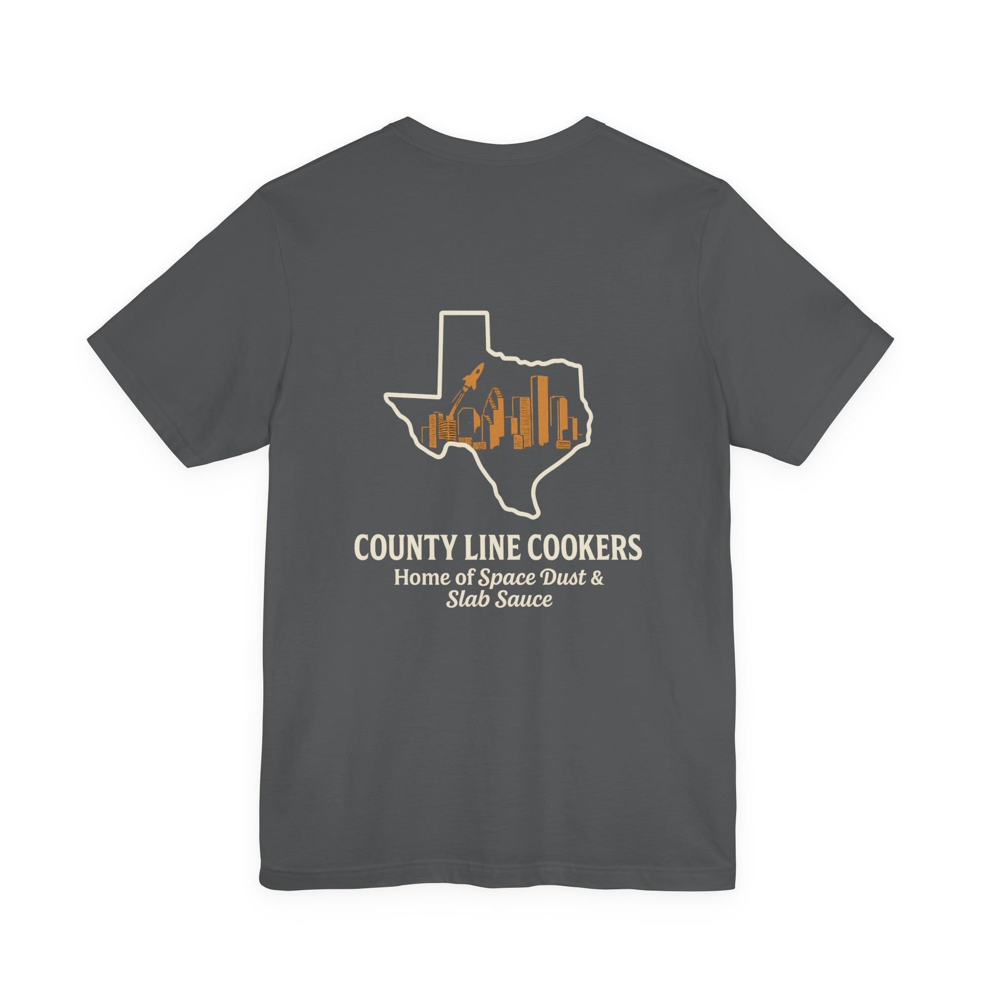 Asphalt gray Home of Space Dust & Slab Sauce Texas BBQ t-shirt