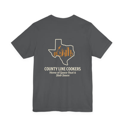 Asphalt gray Home of Space Dust & Slab Sauce Texas BBQ t-shirt