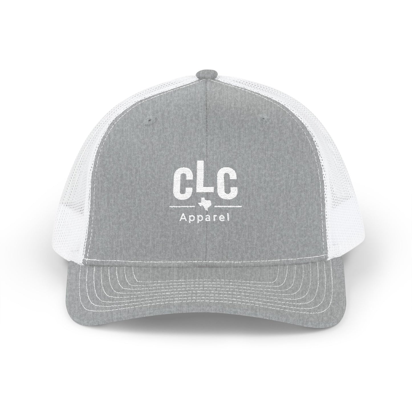 CLC Apparel white logo trucker hat on heather gray and white Richardson 112