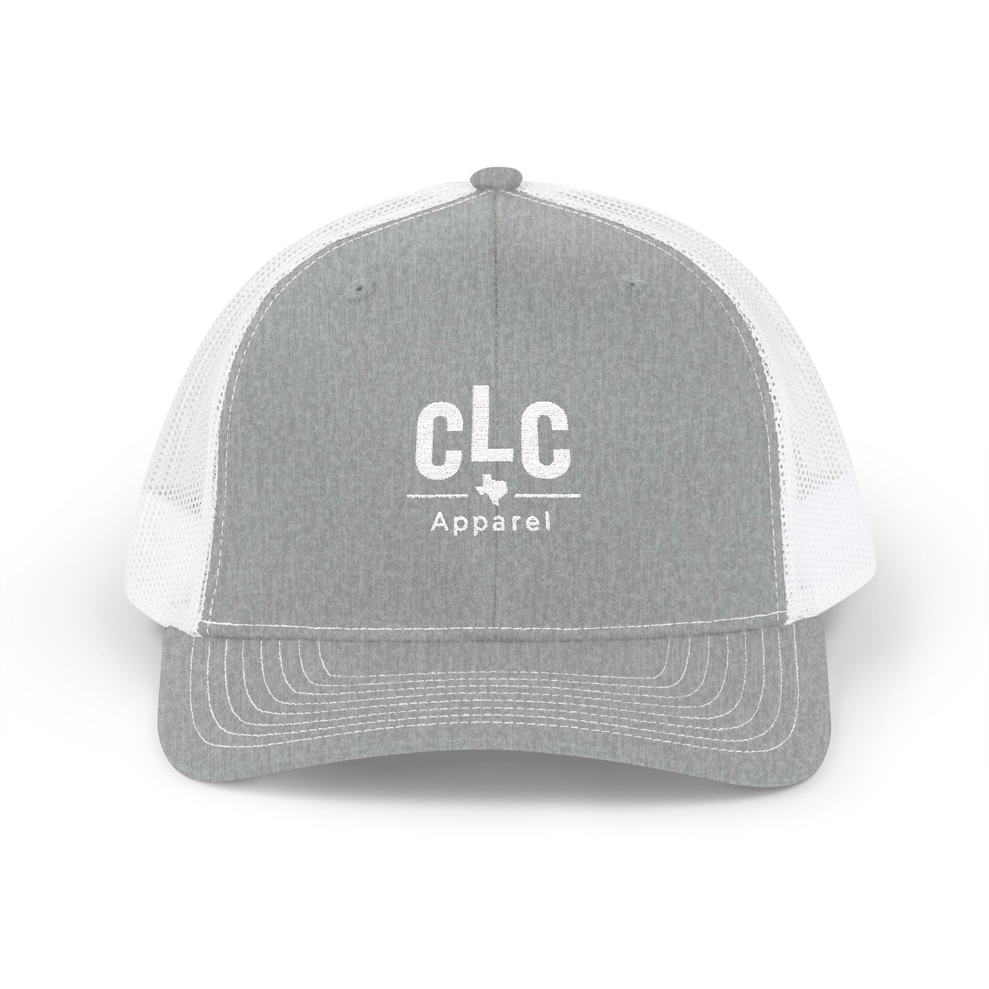 CLC Apparel white logo trucker hat on heather gray and white Richardson 112