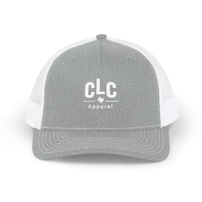 CLC Apparel white logo trucker hat on heather gray and white Richardson 112