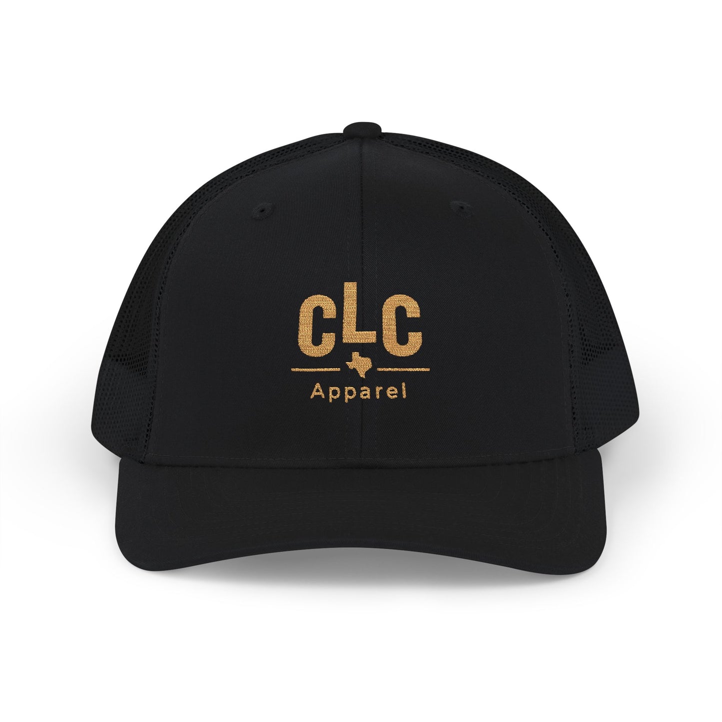 CLC Apparel gold embroidered trucker hat black Richardson 112