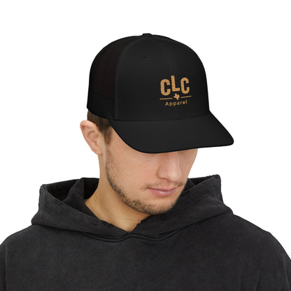 CLC Apparel gold embroidered trucker hat black Richardson 112