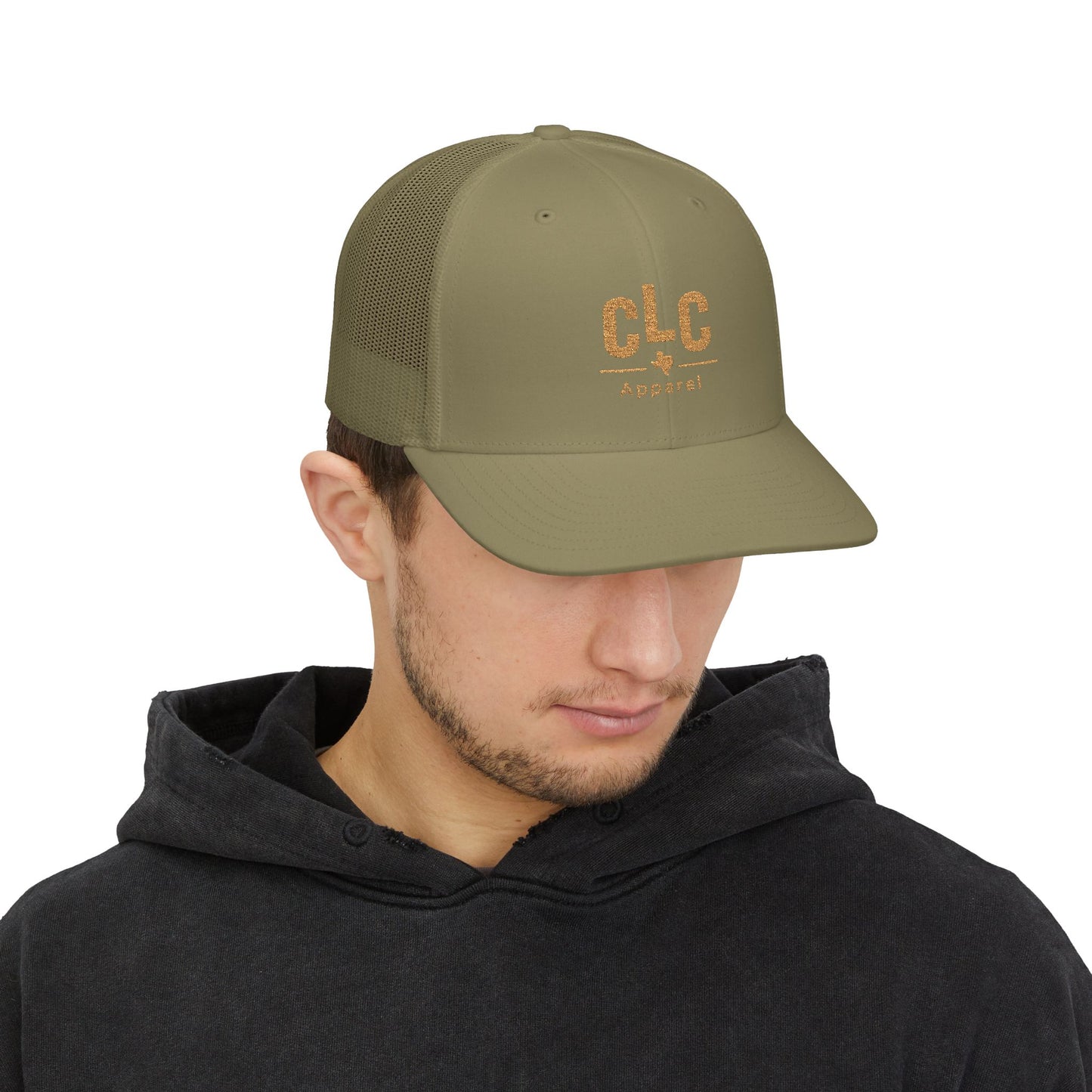 CLC Apparel pitmaster hat with gold logo on loden green