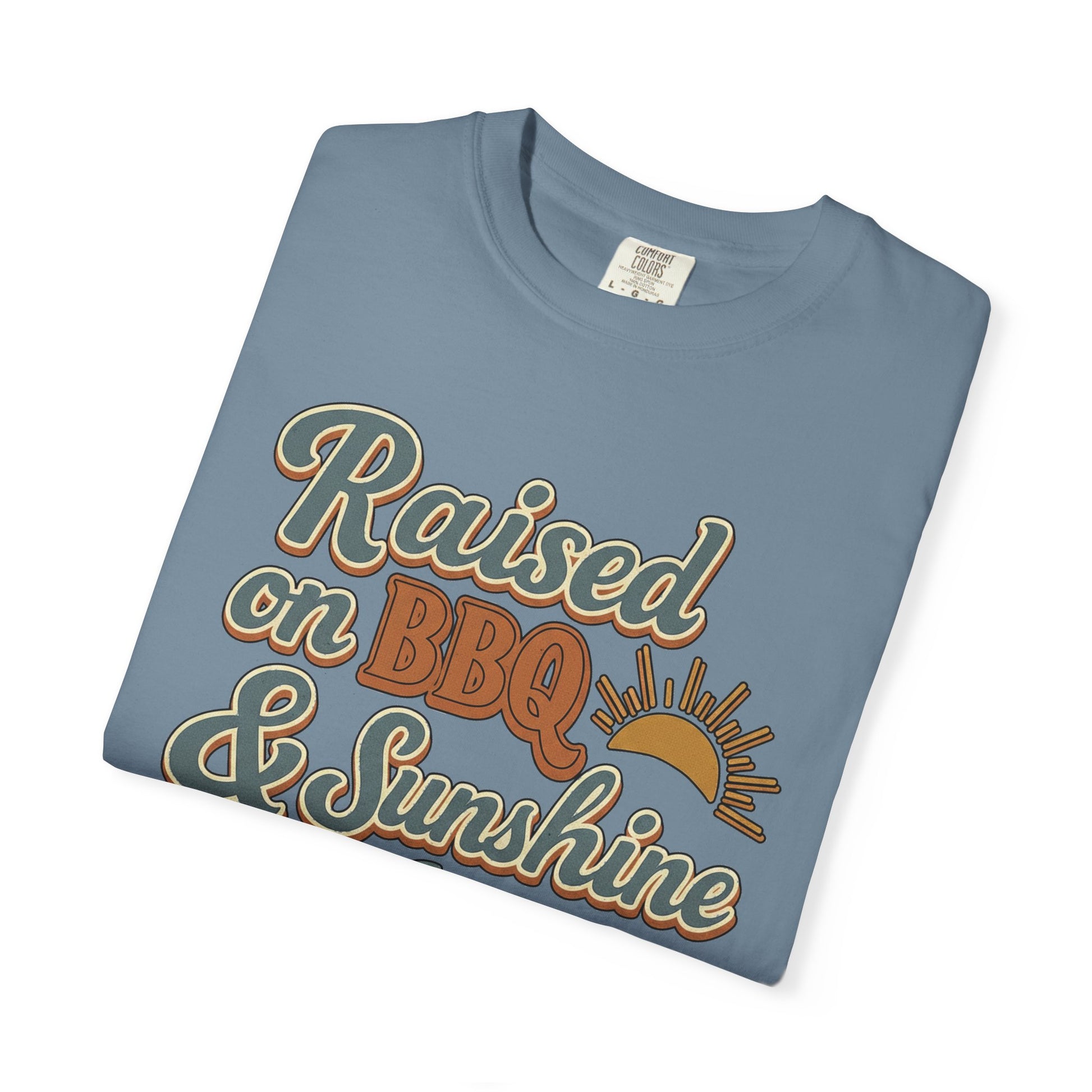 Ice blue Raised on BBQ and Sunshine retro graphic tee