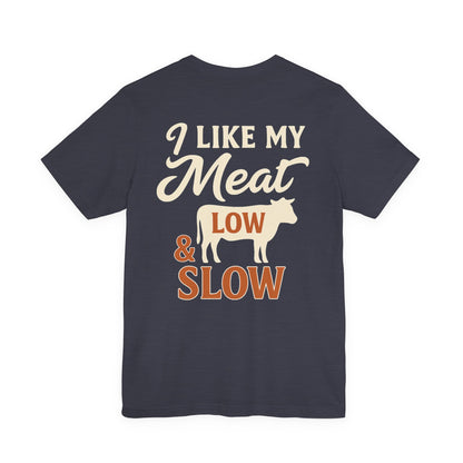 I Like My Meat Low & Slow BBQ shirt in heather midnight navy, unisex Bella+Canvas 3001 Texas barbecue tee