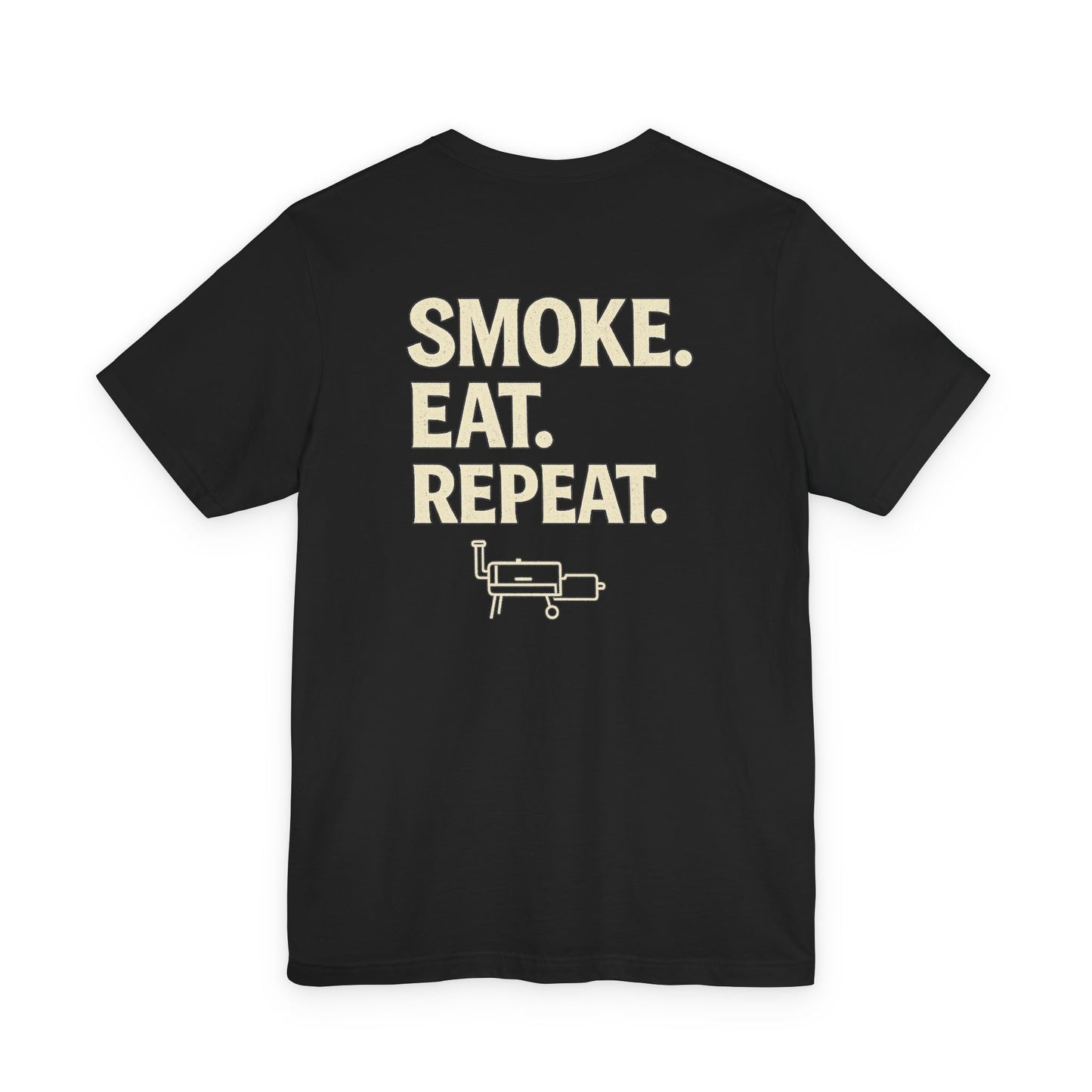 Smoke Eat Repeat BBQ shirt with offset smoker icon on black Bella Canvas 3001 t-shirt