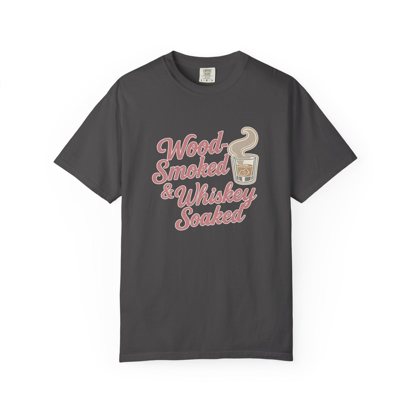 Wood-Smoked & Whiskey-Soaked graphic tee in Graphite, front view