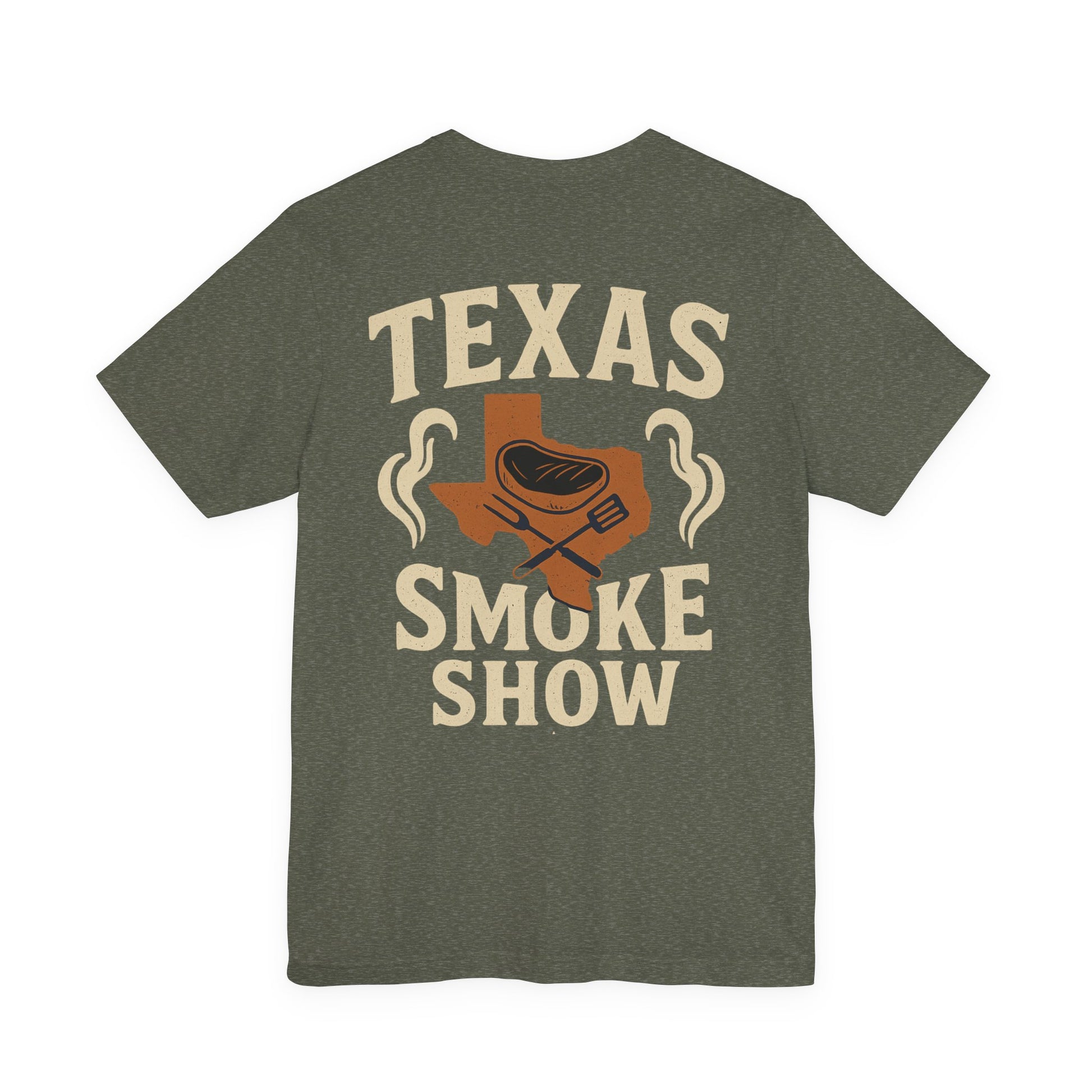 Texas Smoke Show BBQ t-shirt in heather military green featuring Texas smokehouse back design by County Line Cookers