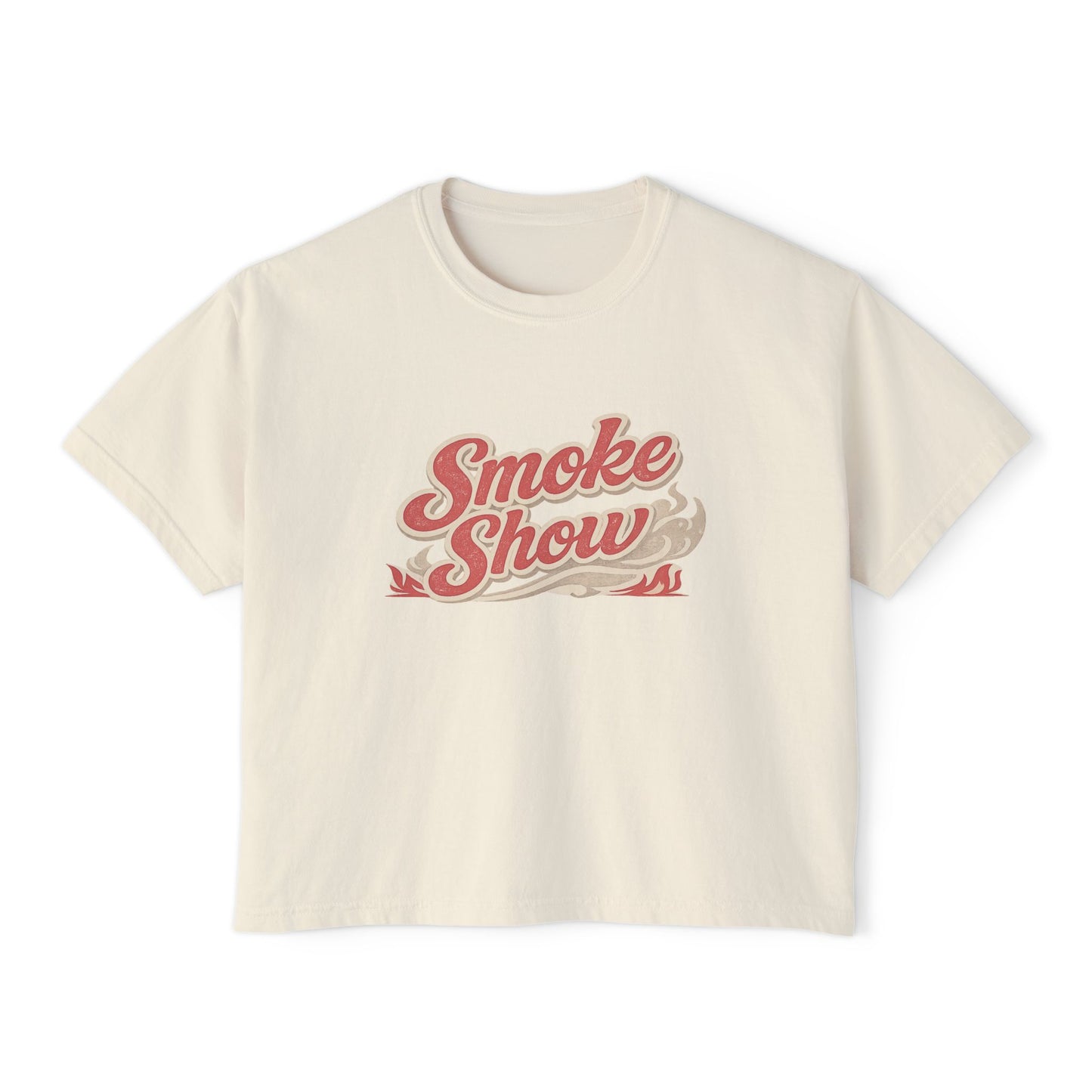 Smoke Show women’s boxy t-shirt on ivory Comfort Colors tee with retro pink graphic