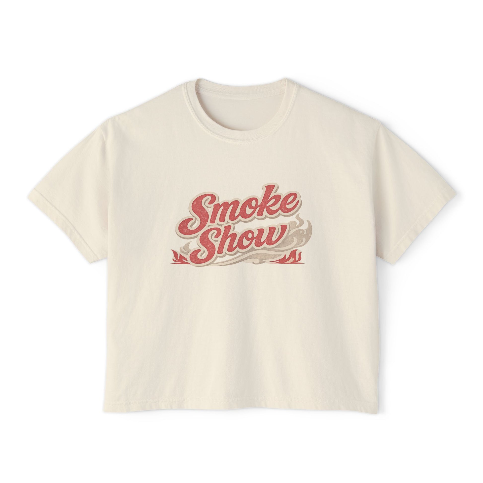 Smoke Show women’s boxy t-shirt on ivory Comfort Colors tee with retro pink graphic