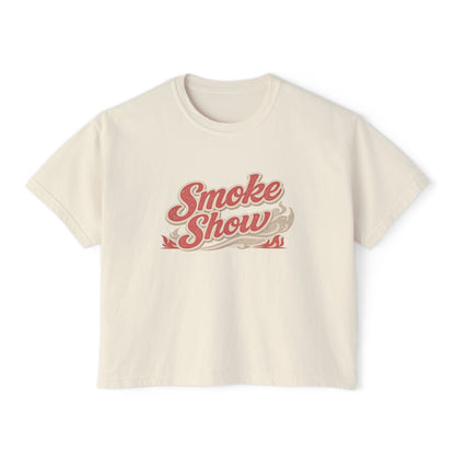Smoke Show women’s boxy t-shirt on ivory Comfort Colors tee with retro pink graphic