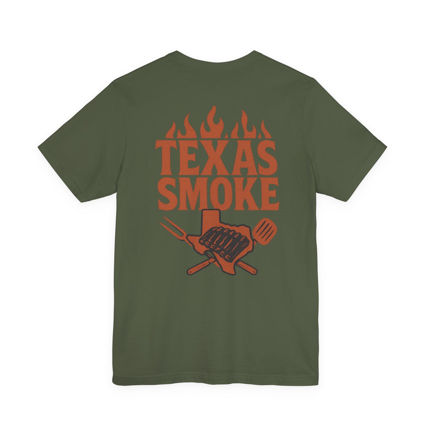 Military green Texas Smoke BBQ t-shirt with rustic Texas grill artwork