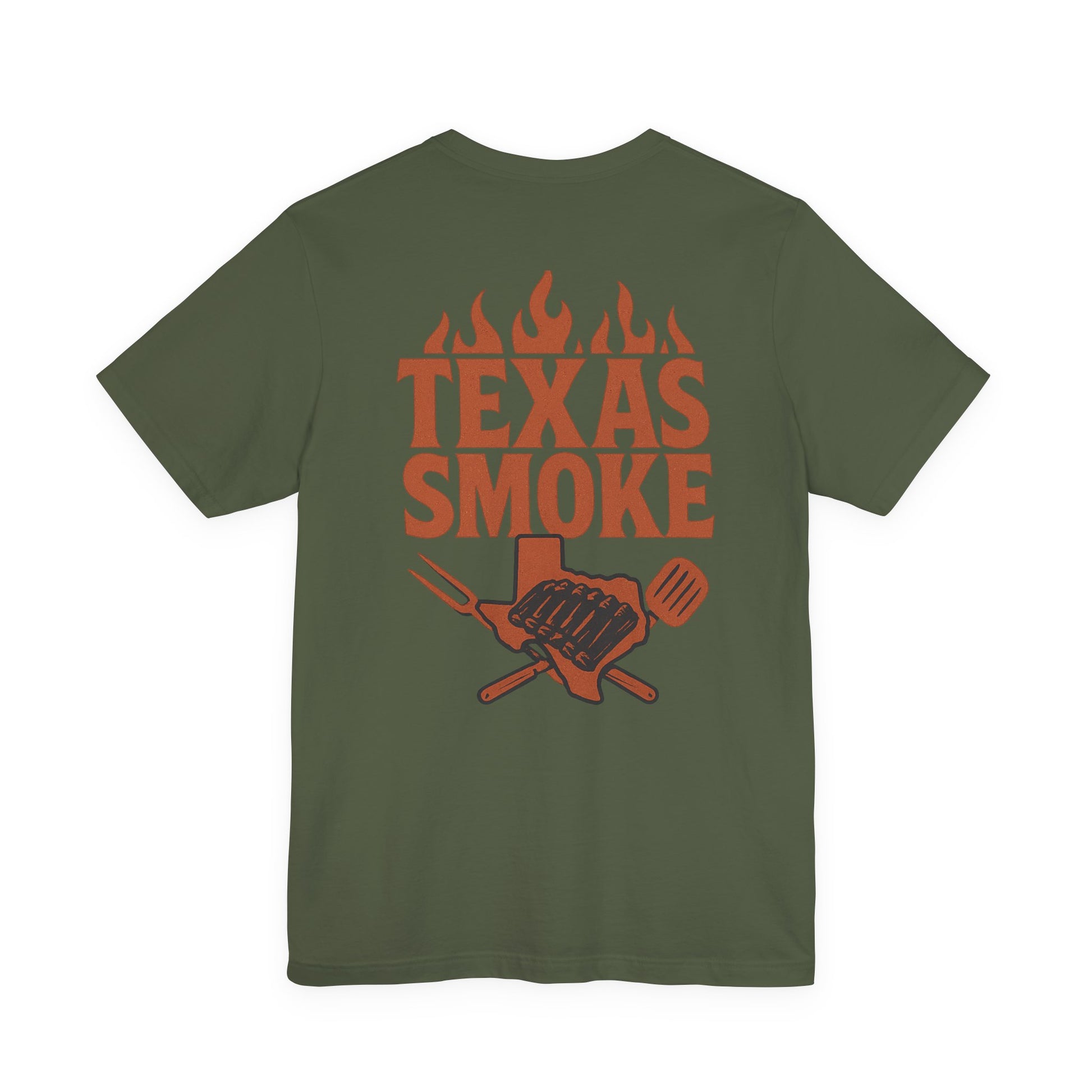 Military green Texas Smoke BBQ t-shirt with rustic Texas grill artwork