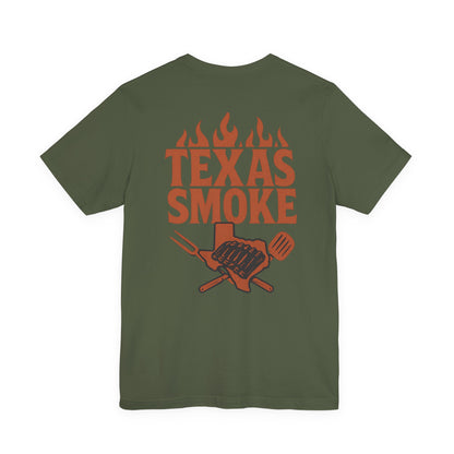 Military green Texas Smoke BBQ t-shirt with rustic Texas grill artwork